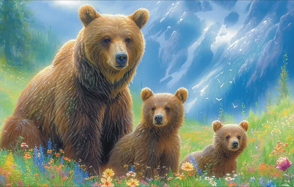 Цветы, картина, весна, медведи, Аляска, луг, три, ART