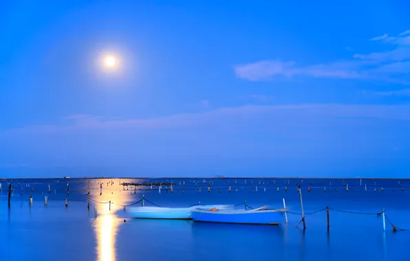 Картинка море, небо, лодки, Луна