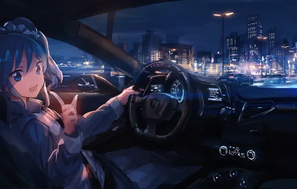 Дорога, аниме, приборы, ночной город, жест, road, anime, за рулем