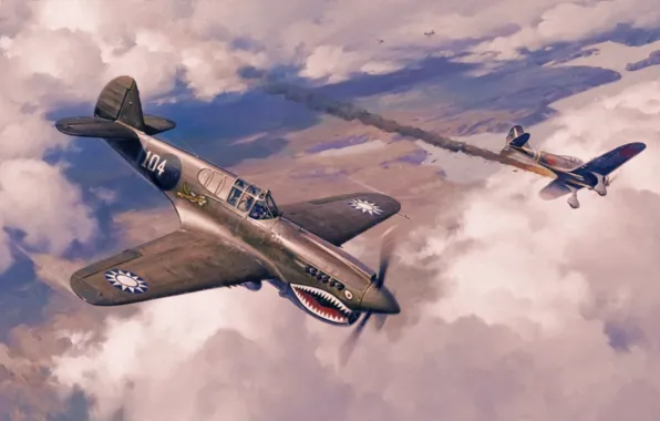 War, art, painting, aviation, ww2, nakajima ki-27, Curtiss P-40 Warhaw
