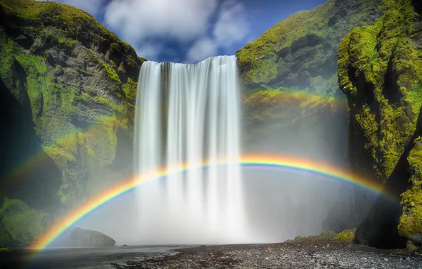 Картинка водопад, радуга, Исландия, Skógafoss