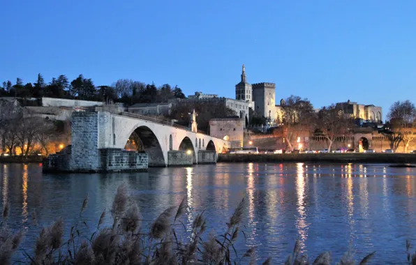 Мост, город, река, Франция, башня, вечер, освещение, архитектура