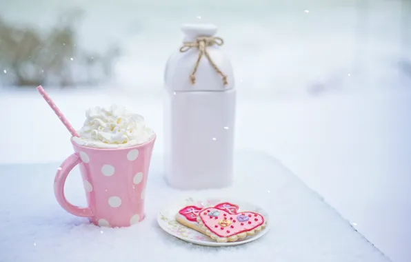 Картинка зима, снег, розовый, сливки, напиток, heart, pink, winter