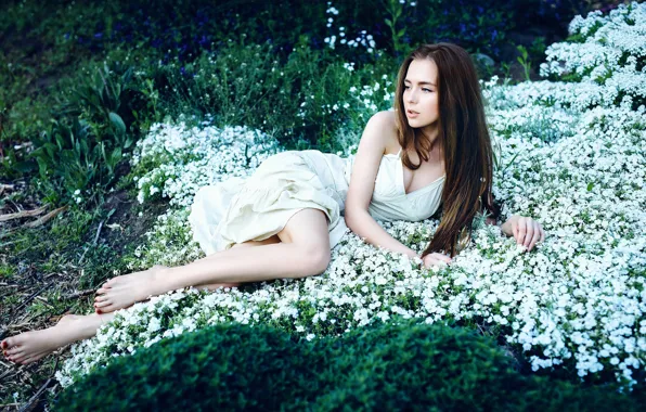 Картинка трава, девушка, милая, платье, ножки, красивая, цветки, длинноволосая