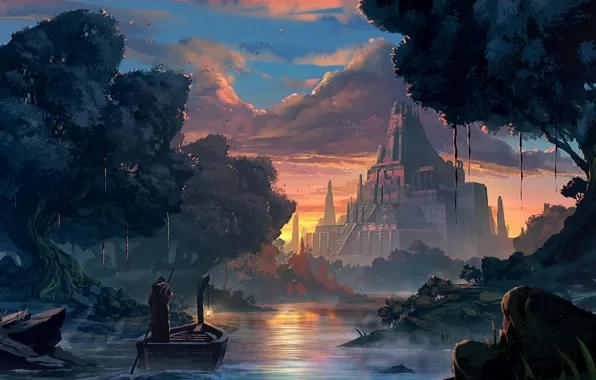 Закат, Город, Река, Человек, Лодка, Дворец, Рассвет, Fantasy