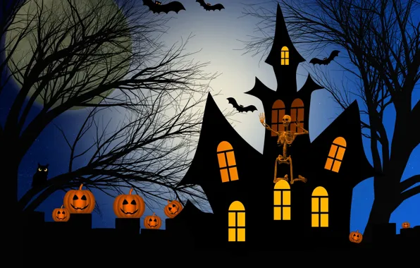 Картинка ночь, дом, тыквы, Хэллоуин, 31 октября