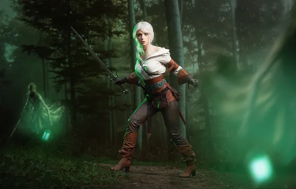 Картинка лес, меч, костюм, призраки, Ведьмак, героиня, The Witcher 3: Wild Hunt, Цири