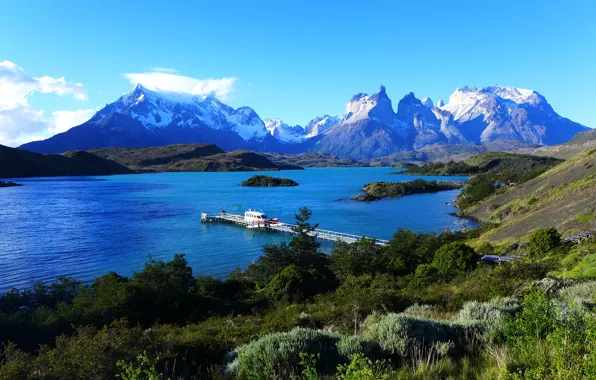 Небо, горы, озеро, причал, пирс, Чили, Chile, Patagonia