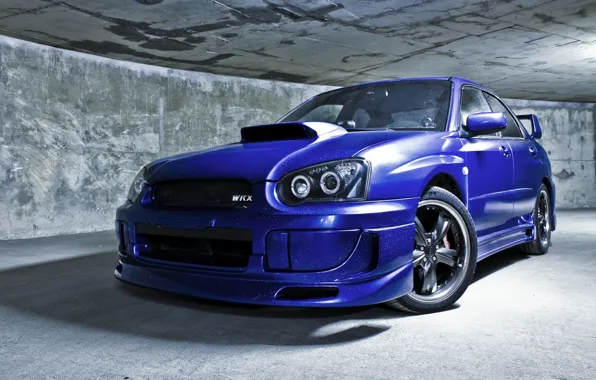 Картинка машина, авто, стена, тоннель, седан, subaru, синяя, wrx, impreza, субару, спортивный, sti, импреза