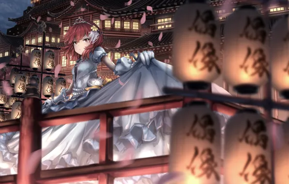 Девушка, город, лепестки, фонарики, Tomoe Murakami, The Idolmaster: Cinderella Girls