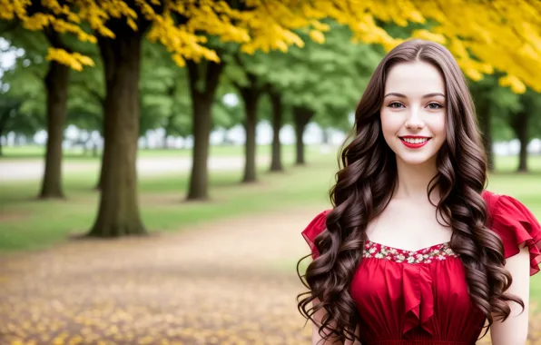 Dress, trees, nature, park, women, brunette, smiling, red dress