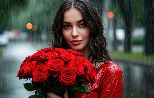 Взгляд, city, город, дождь, красота, аллея, букет цветов, rain