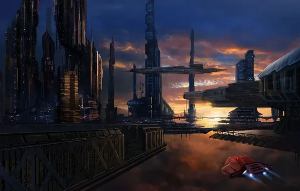 Картинка закат, город, будущее, корабли, арт, в небе, David Lee