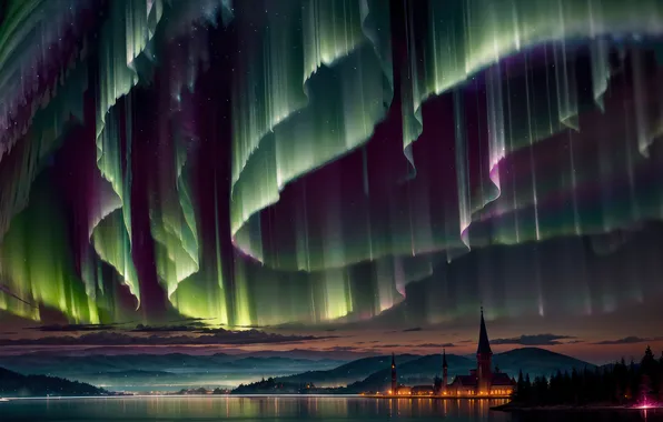 Картинка Night, Digital Art, Scenery, Aurora Borealis, Northern Lights, AI Generated