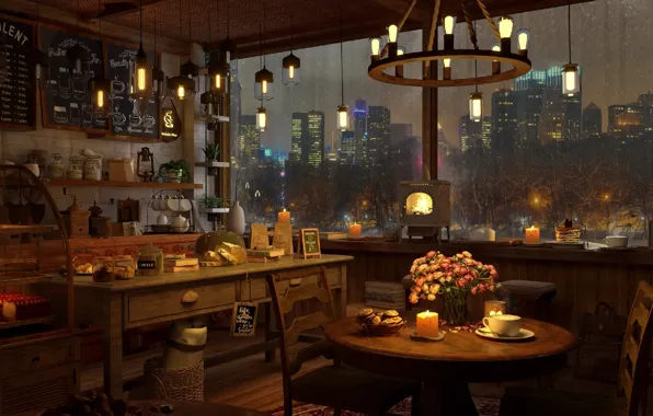 City, lights, rain, night, cakes, cake shop