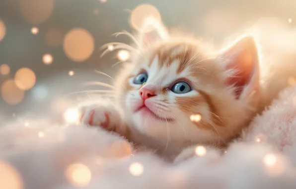 Кошка, взгляд, поза, сияние, котенок, рыжий, мех, мордашка