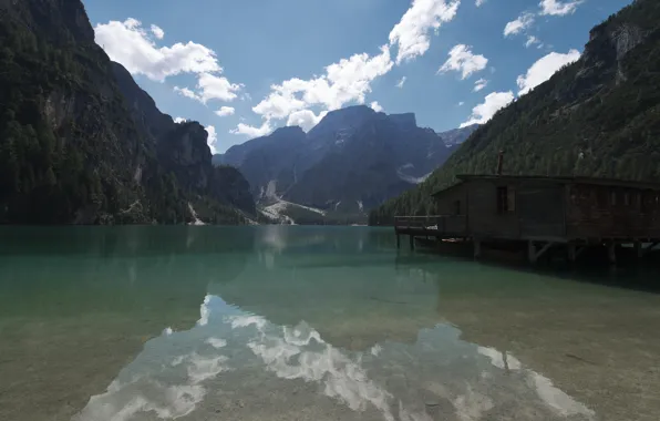 Картинка горы, озеро, домик, Léonard Rodriguez