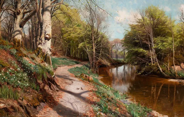 1909, датский живописец, Петер Мёрк Мёнстед, Peder Mørk Mønsted, Danish realist painter, Spring landscape with …