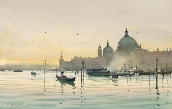 Картинка вода, птицы, город, лодки, утро, акварель, Италия, Венеция