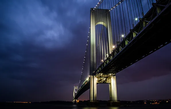 Ночь, мост, огни, отражение, нью йорк, бруклин, Verrazano-Narrows Bridge