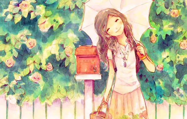 Улыбка, зонт, девочка, хорошее настроение, почтовый ящик