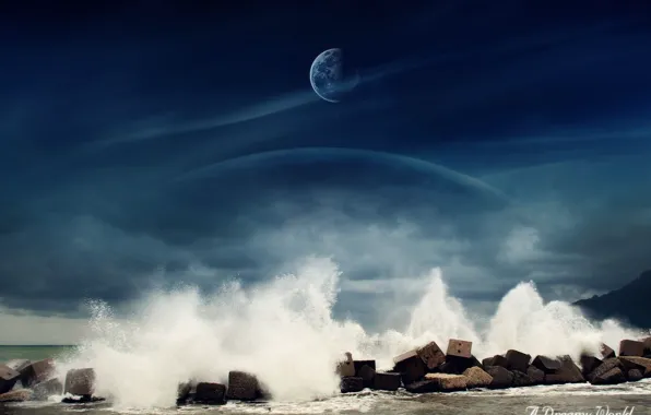 Картинка море, вода, камни, луна, Dreamy World