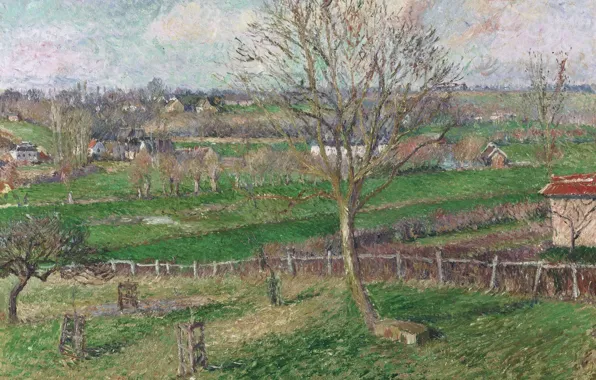 Пейзаж, картина, Камиль Писсарро, Поле и Большой Орех Зимой. Эраньи