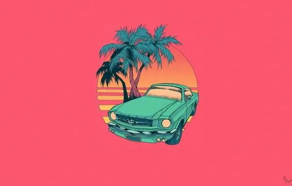 Mustang, Ford, Минимализм, Рисунок, Машина, Ford Mustang, Sunset, Comic Art