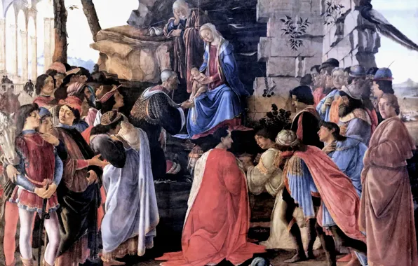 Картинка Флоренция, Сандро Боттичелли, великий итальянский живописец, Sandro Botticelli, темпера, 1475, Поклонение волхвов, Уффици