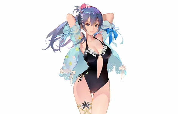 Girl, sexy, cleavage, thighhighs, long hair, boobs, anime, blue eyes