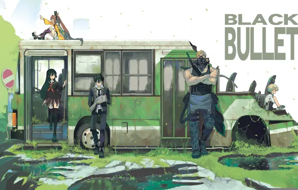 Картинка знак, аниме, арт, автобус, парни, школьники, black bullet, tendou kisara