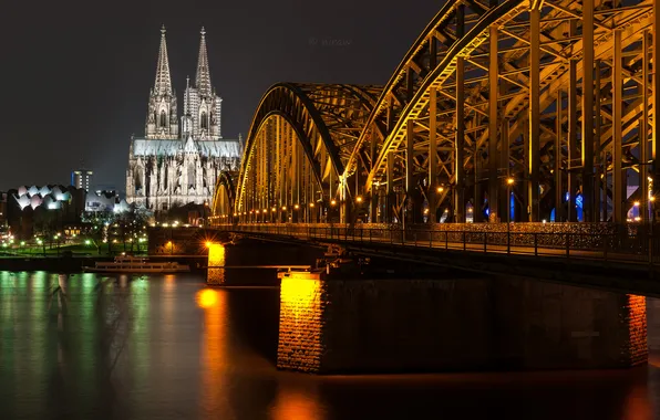 Ночь, мост, огни, Германия, собор, Кёльн