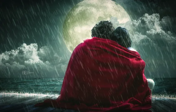 Картинка дождь, луна, романтика, чувства, одеяло, влюбленные