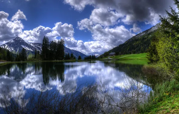Деревья, горы, озеро, отражение, Альпы, France, Alpes, French Alps