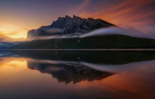 Картинка зима, свет, туман, озеро, вечер, утро, Канада, провинция Альберта