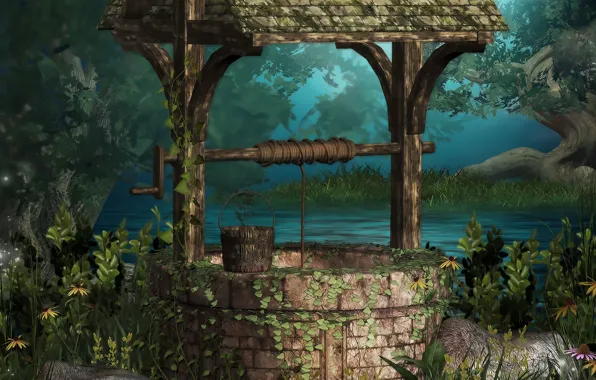 Картинка крыша, вода, деревья, река, веревка, колодец, ведро, плющ