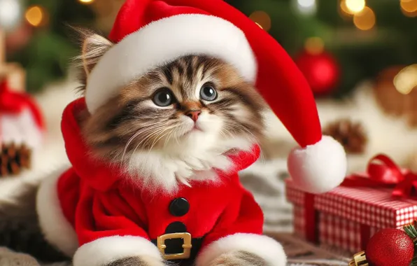 Кошка, взгляд, поза, котенок, Рождество, подарки, милый, Новый год