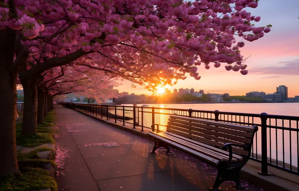 Скамейка, парк, весна, аллея, цветение, набережная, sunset, pink
