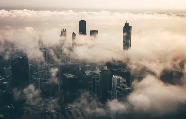 Облака, город, туман, Чикаго, США