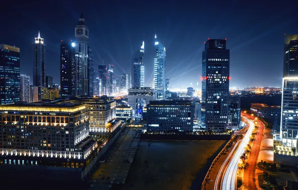 Картинка ночь, city, город, огни, Дубай, Dubai, небоскрёбы, ОАЭ