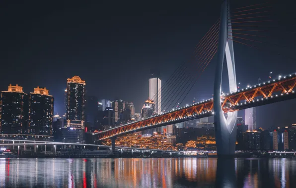 City, lights, bridge, night, skyscrapers, Asia, Chongqing
