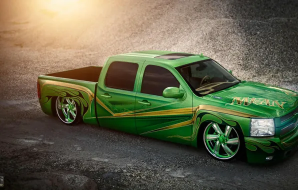 Картинка green, Chevrolet, зелёный, lowrider, шевроле, пикап, pick-up, Silverado