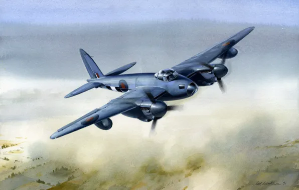 Картинка war, art, painting, drawing, ww2, british airplane, de havilland mosquito