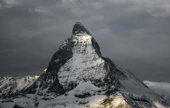 Картинка снег, рассвет, гора, вершина, пик, Matterhorn