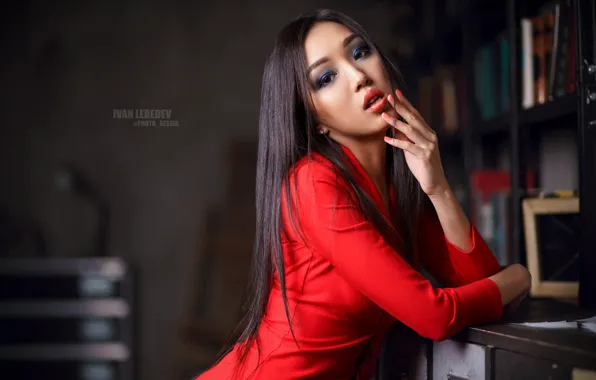 Взгляд, портрет, макияж, платье, брюнетка, прическа, азиатка, красотка