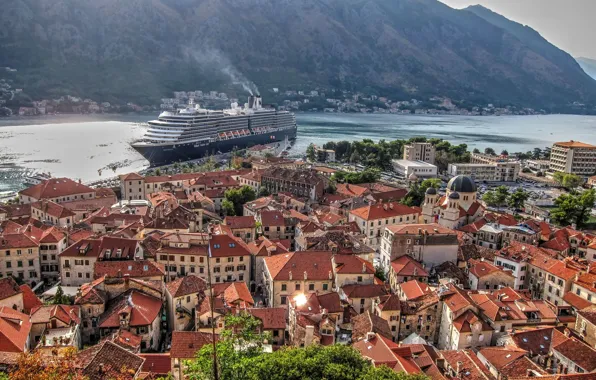 Море, горы, дома, панорама, лайнер, Черногория, Котор