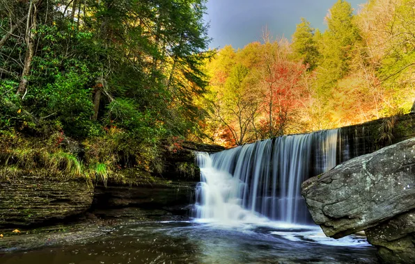 Картинка осень, лес, небо, река, камни, скалы, водопад