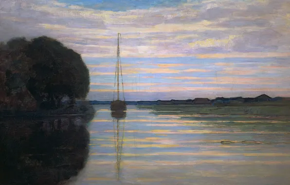 Пейзаж, масло, картина, холст, Питер Корнелис Мондриан, Вид на Реку с Лодки
