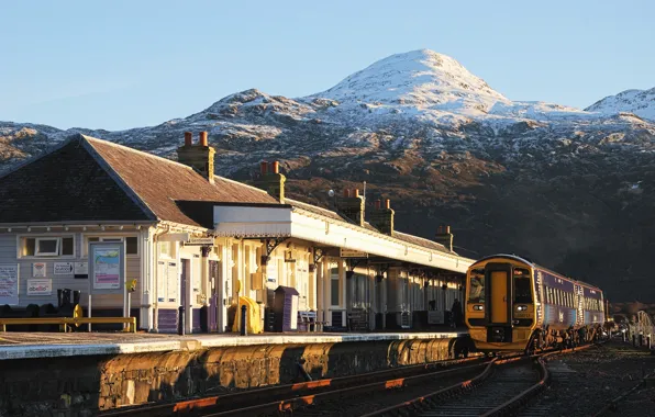 Картинка landscape, nature, winter, mountain, snow, station, train, Scotland