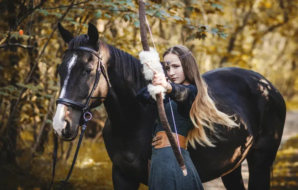 Осень, лес, взгляд, девушка, свет, деревья, ветки, природа